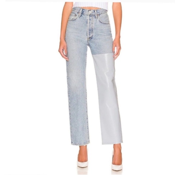 Agolde Denim - AGOLDE Pieced '90s High-Rise Leather Denim Straight‎ Leg Jeans size 29 pants